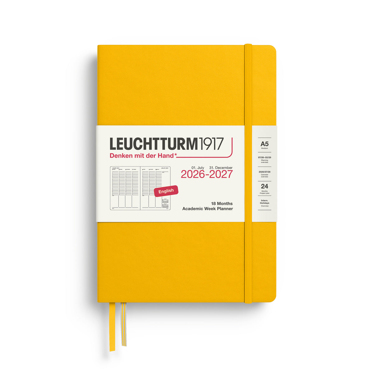 LEUCHTTURM1917 Academic Week Planner 18 Months 2026/7 shown in sunflower by penny black