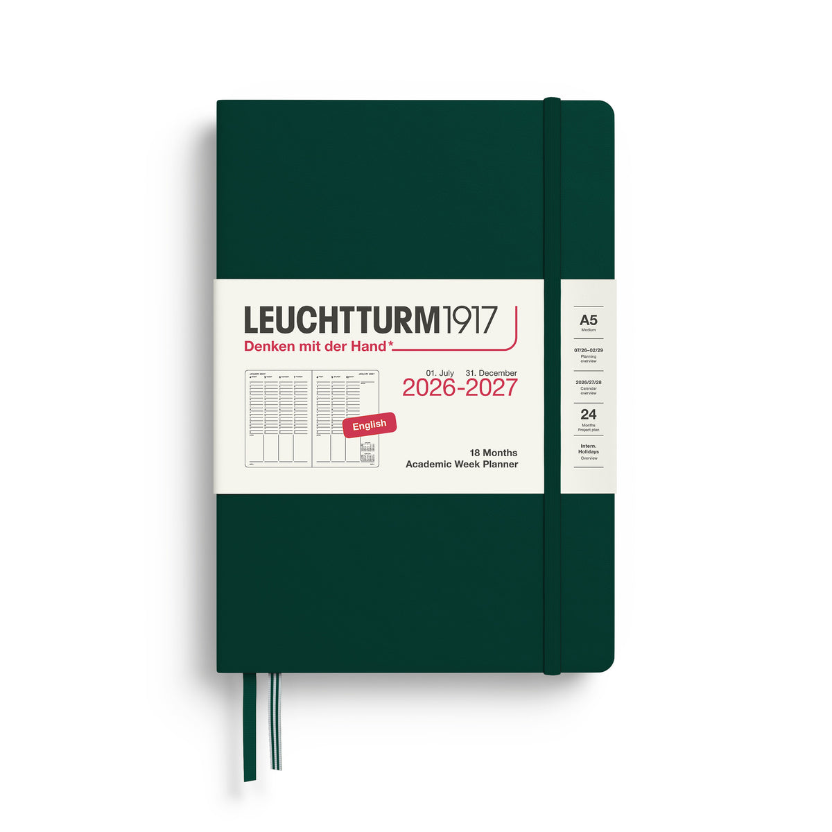 LEUCHTTURM1917 Academic Week Planner 18 Months 2026/7 shown in forest green by penny black