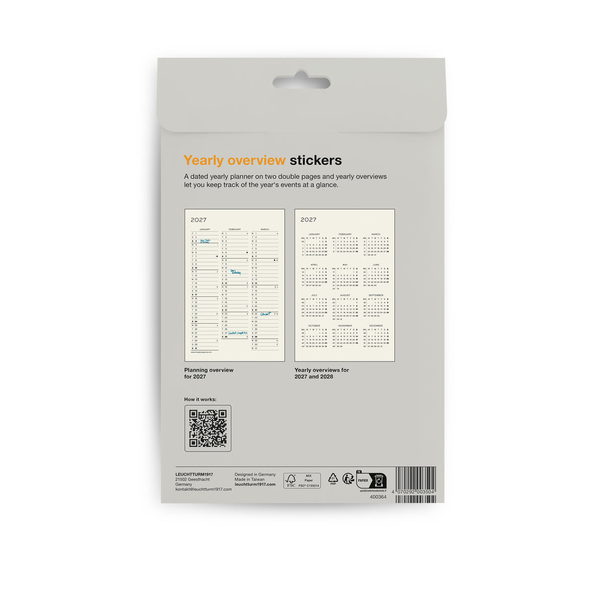 LEUCHTTURM1917 Self-Stick Planner Stickers 2027 - Monthly showing back of packaging by penny black