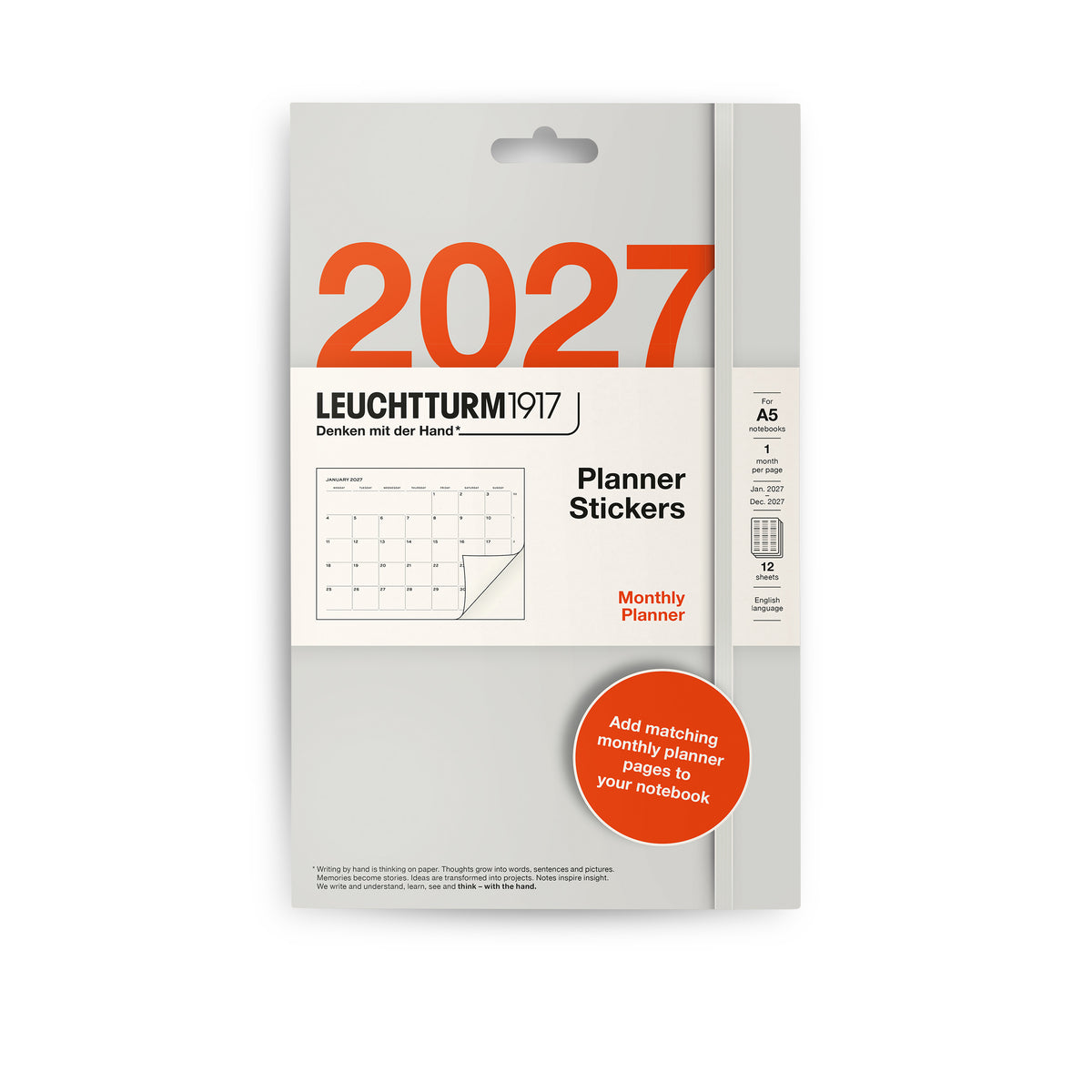 Leuchtturm1917 monthly planner stickers in packaging for 2027 on a white background