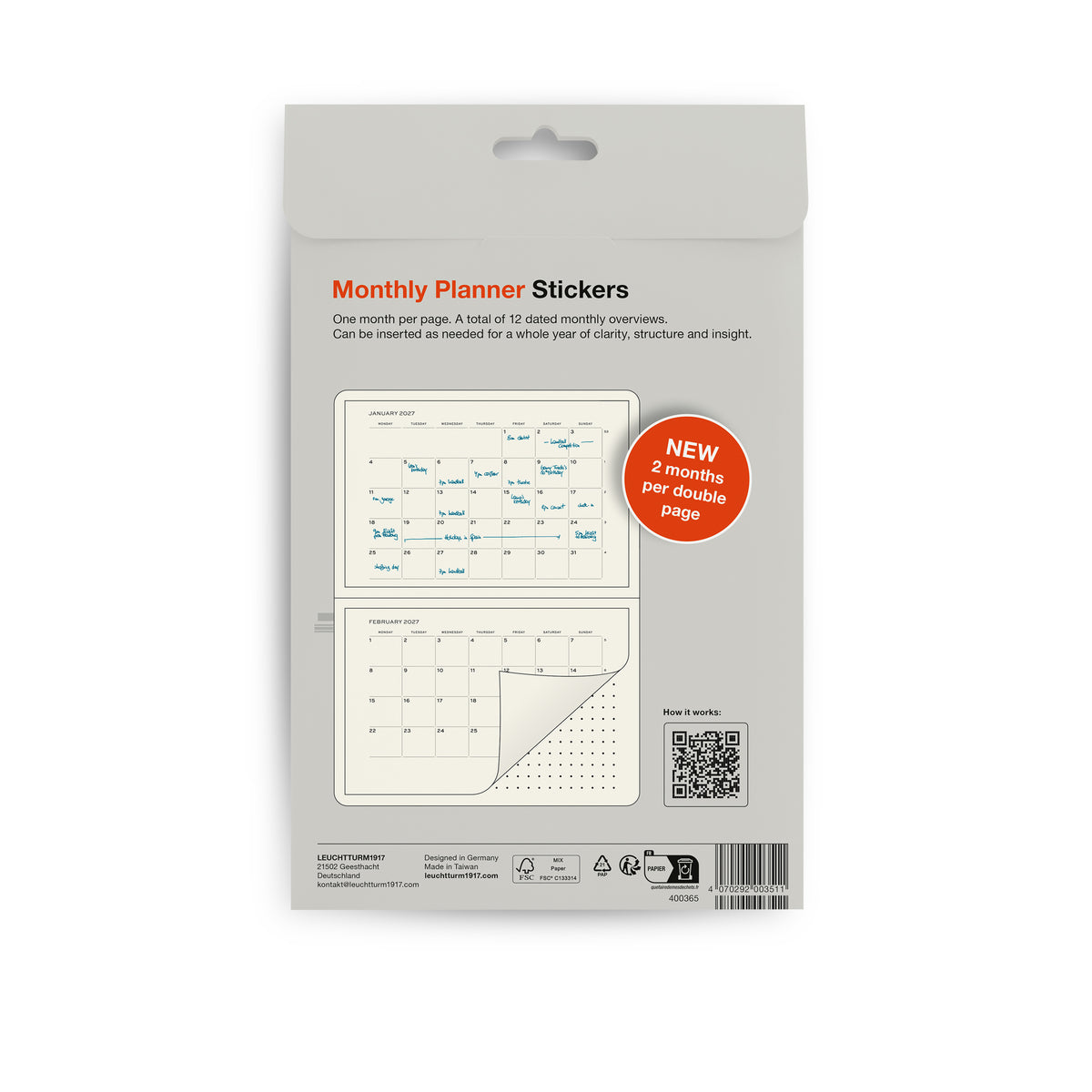 LEUCHTTURM1917 Self-Stick Planner Stickers 2027 showing back of packaging - Yearly by penny black