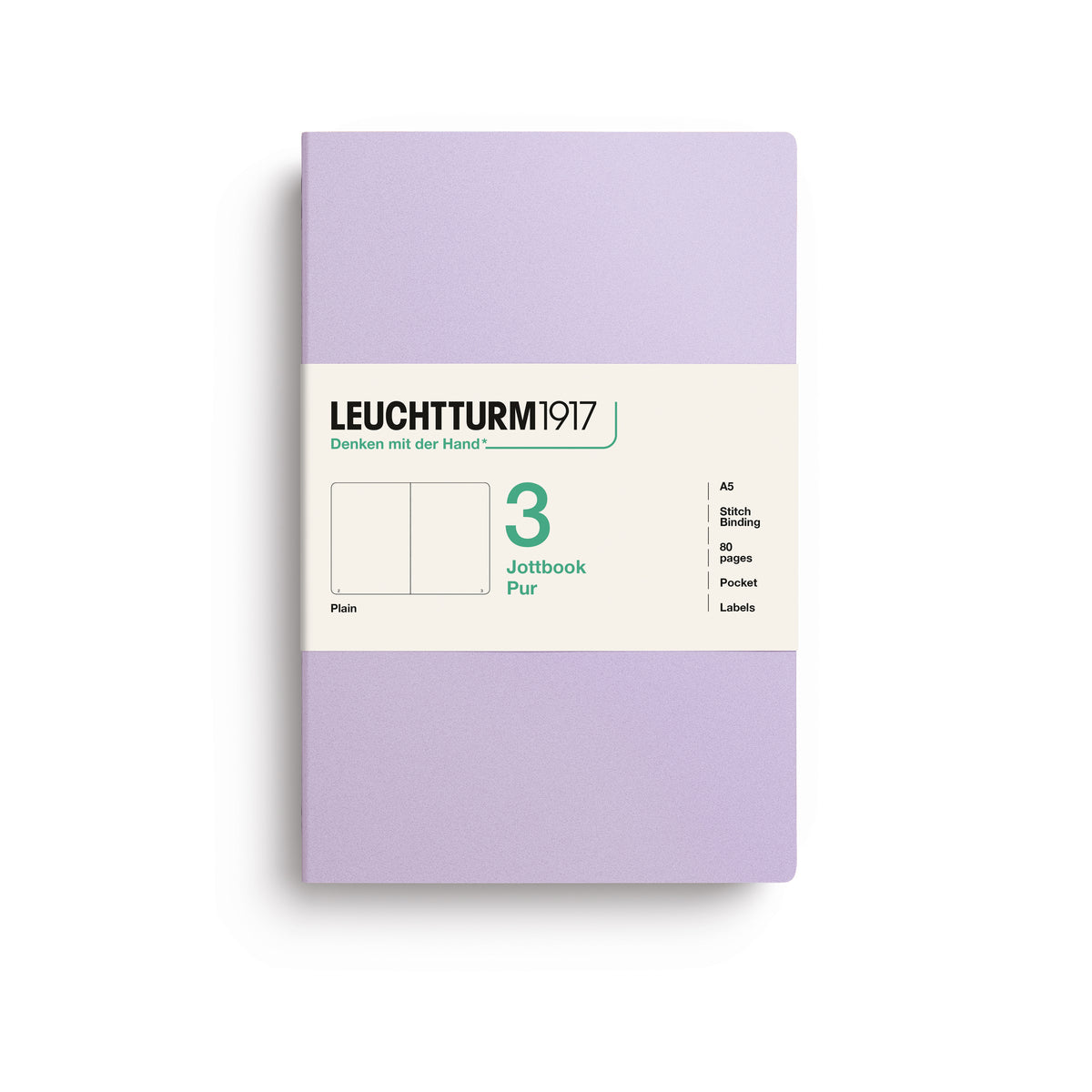 A Leuchtturm1917 3 pack of A5 notebooks with lilac cover and plain pages, shown with a bellyband with product details, on a clean white background.