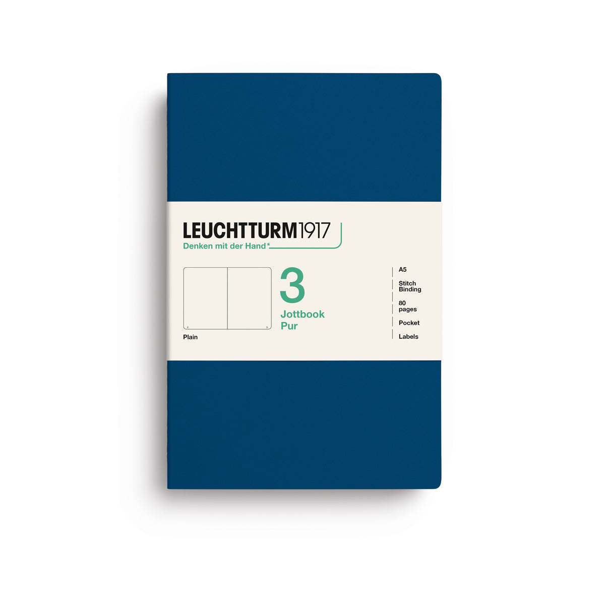 A Leuchtturm1917 3 pack of A5 notebooks with indigo cover and plain pages, shown with a bellyband with product details, on a clean white background.
