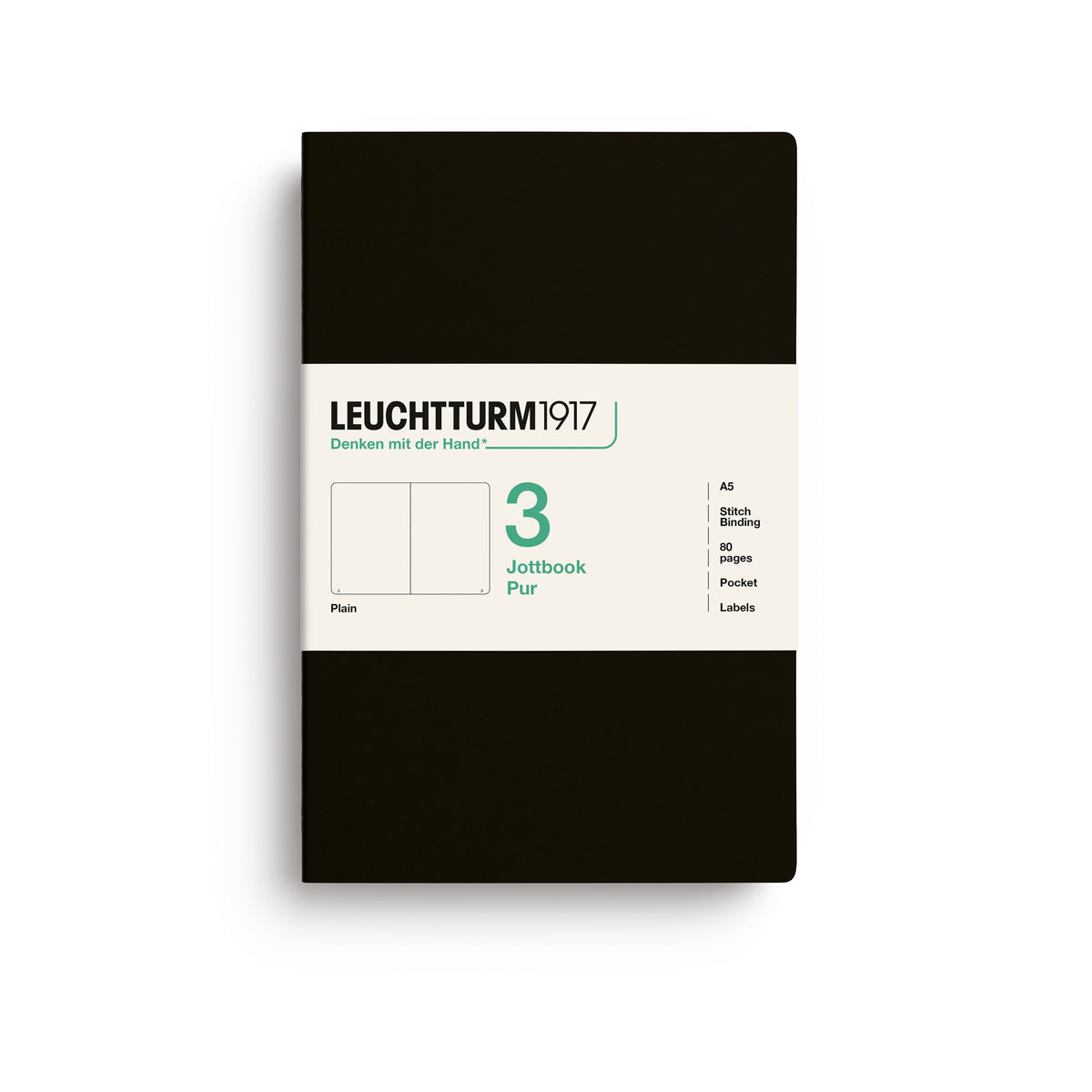 A Leuchtturm1917 3 pack of A5 notebooks with black cover and plain pages, shown with a bellyband with product details, on a clean white background.