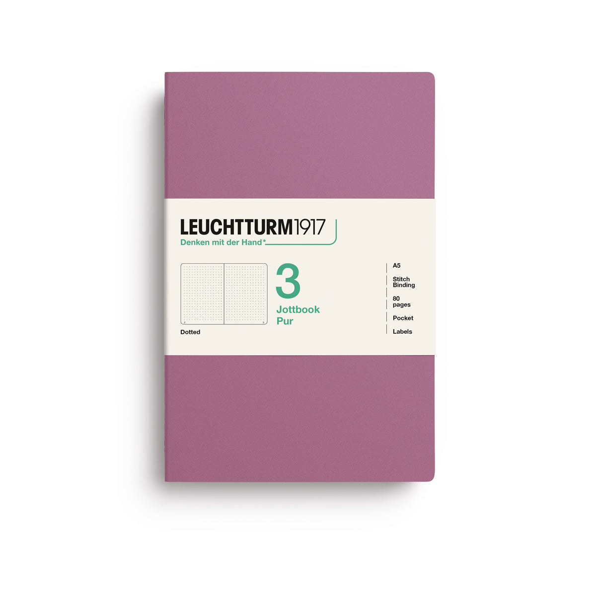 A Leuchtturm1917 3 pack of A5 notebooks with dusty rose cover and dotted pages, shown with a bellyband with product details, on a clean white background.