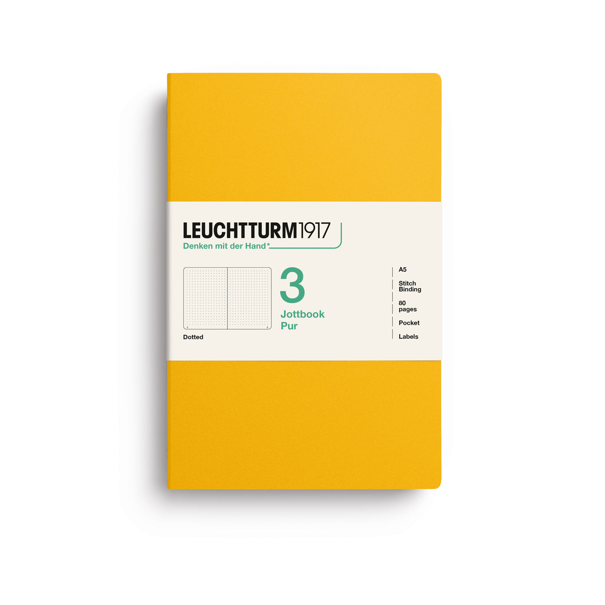 A Leuchtturm1917 3 pack of A5 notebooks with sunflower cover and dotted pages, shown with a bellyband with product details, on a clean white background.