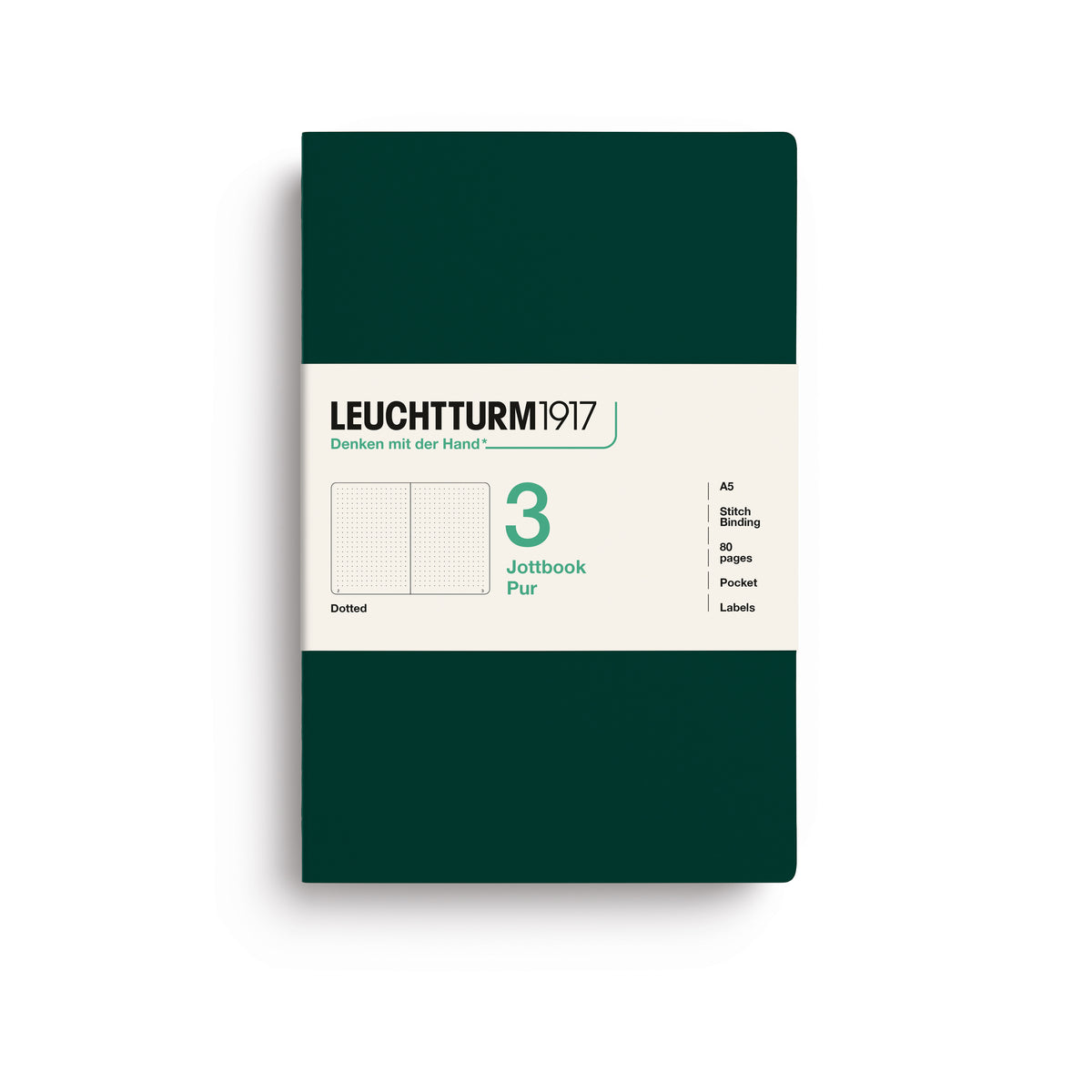 A Leuchtturm1917 3 pack of A5 notebooks with forest green cover and dotted pages, shown with a bellyband with product details, on a clean white background.