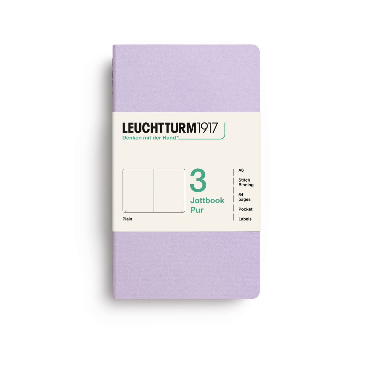 A Leuchtturm1917 3 pack of notebooks in lilac cover and plain pages, shown with a bellyband with product details. on a clean white background.