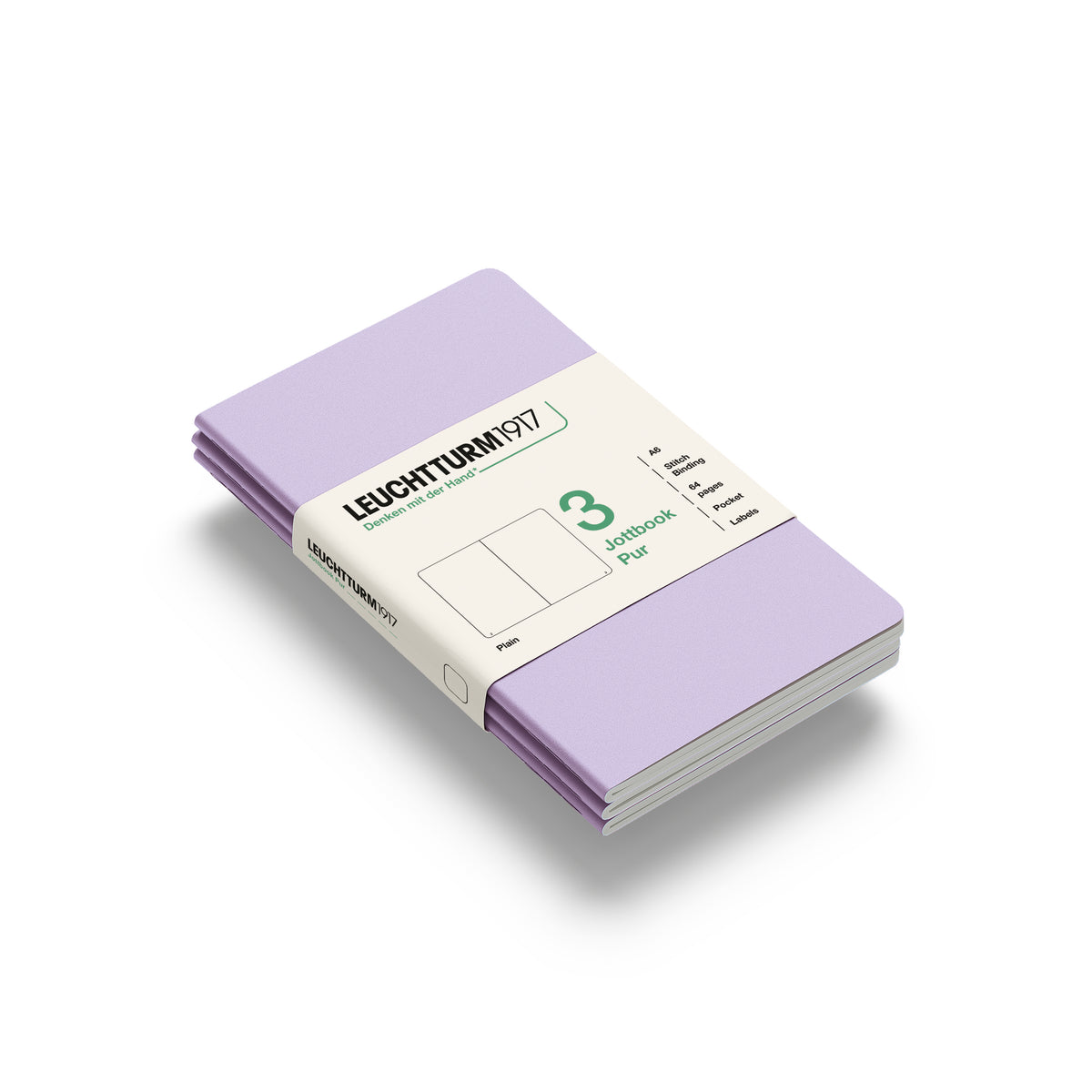 A Leuchtturm1917 3 pack of notebooks in lilac cover, shown with a bellyband with product details on it's side. on a clean white background.
