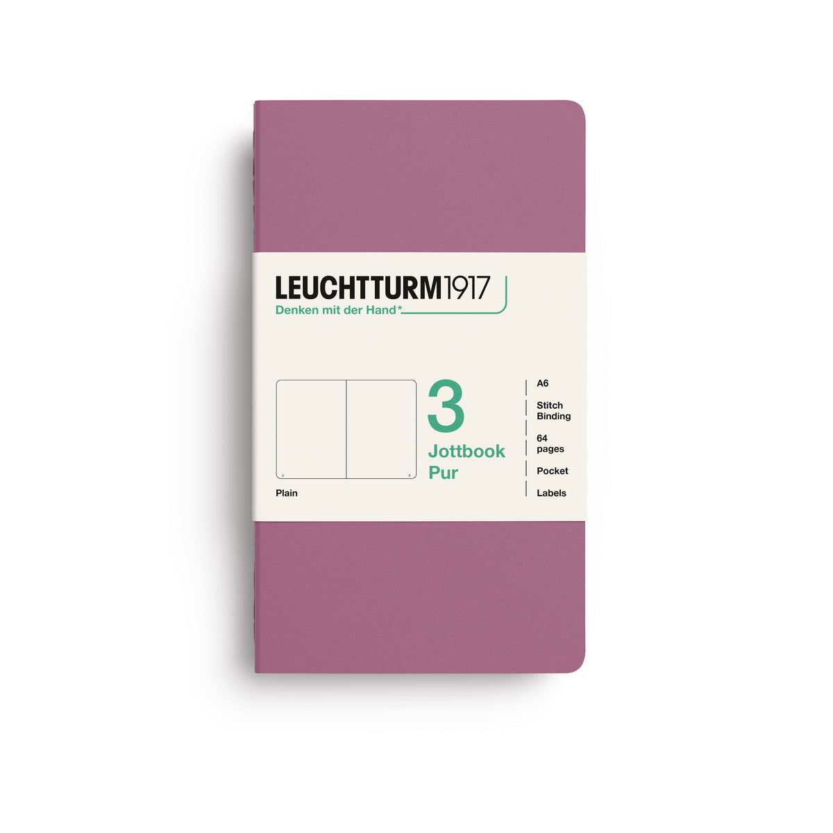 A Leuchtturm1917 3 pack of notebooks with dusty rose cover and plain pages, shown with a bellyband with product details, on a clean white background.