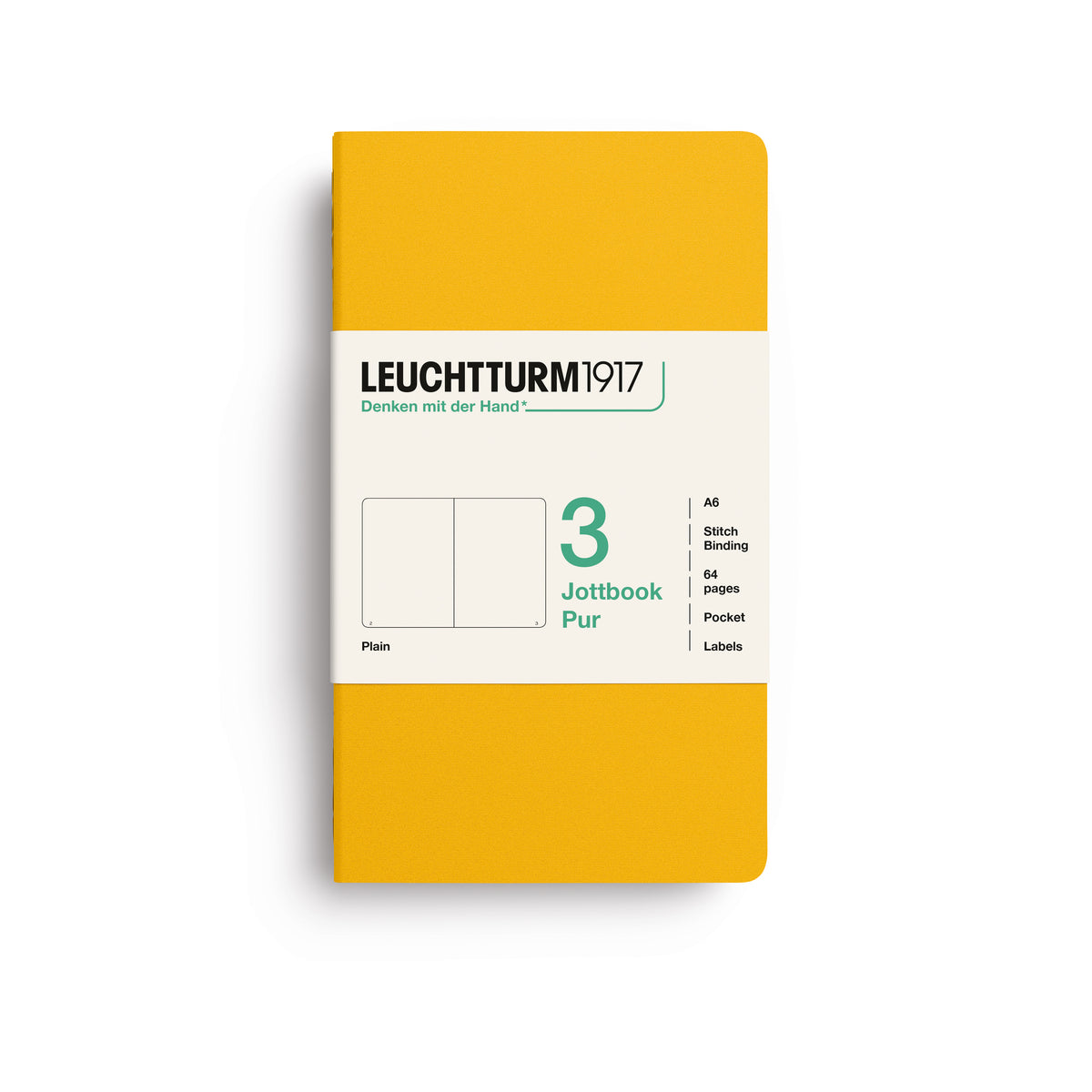 A Leuchtturm1917 3 pack of notebooks with sunflower cover and plain pages, shown with a bellyband with product details, on a clean white background.