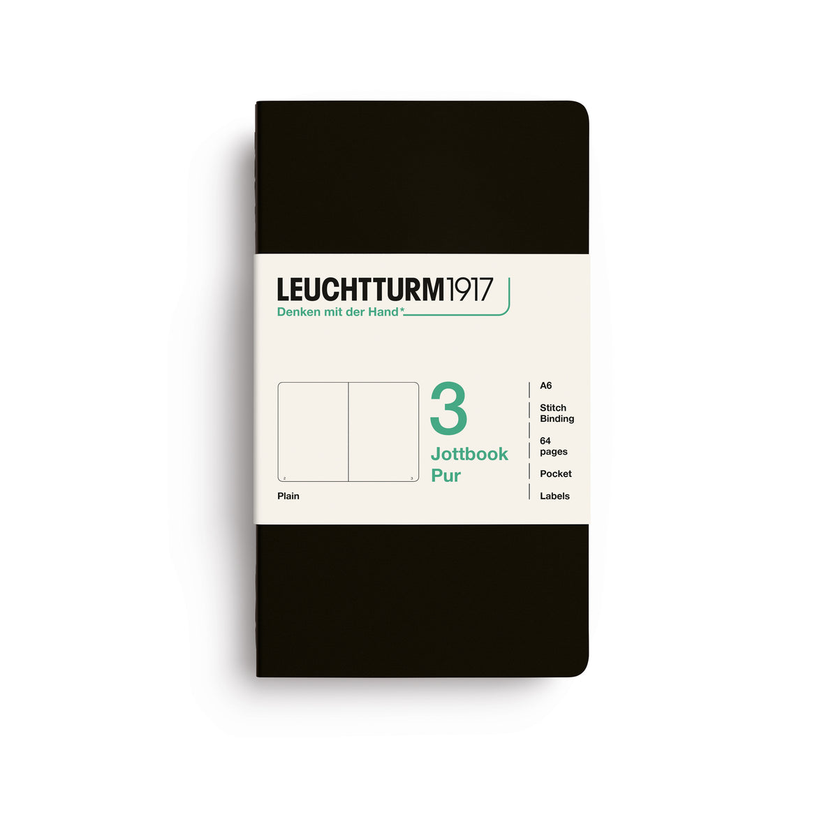 A Leuchtturm1917 3 pack of notebooks with black cover and plain pages, shown with a bellyband with product details, on a clean white background.