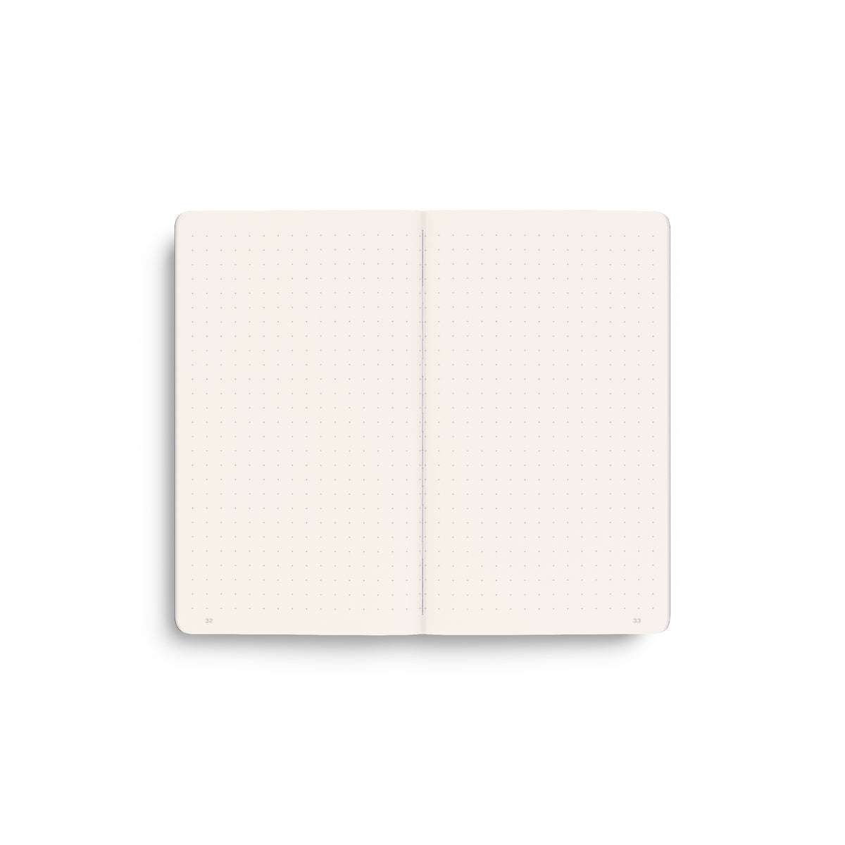 An open two-page dot grid notebook with blank, dotted cream-coloured pages, shown from a top-down perspective on a clean white background.