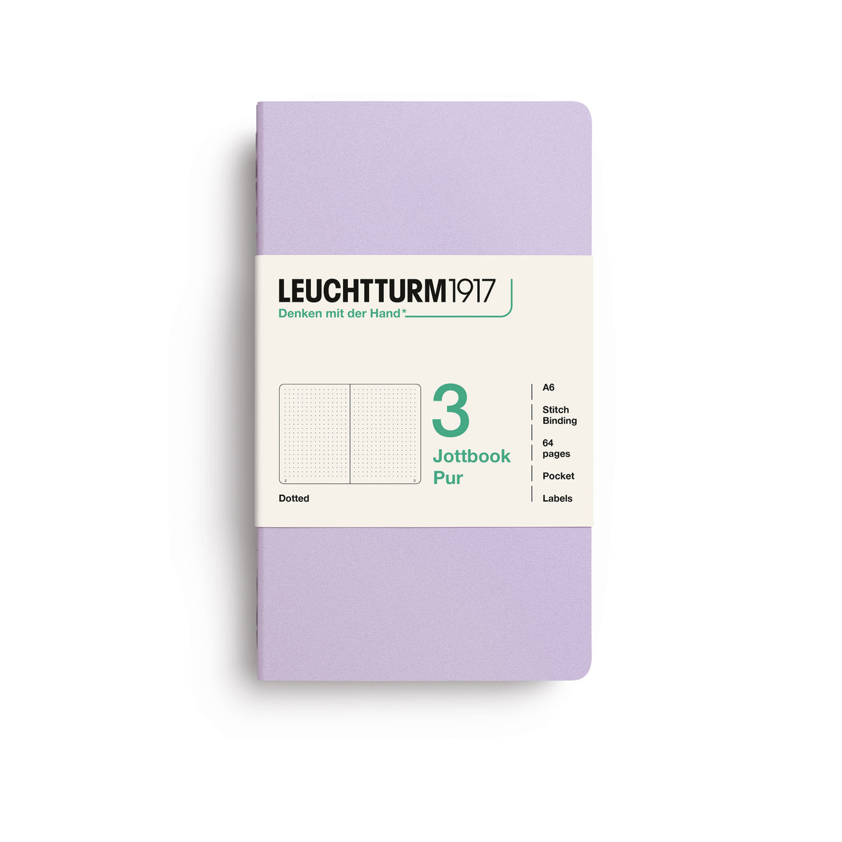 A Leuchtturm1917 3 pack of notebooks in lilac cover and dotted pages, shown with a bellyband with product details. on a clean white background.