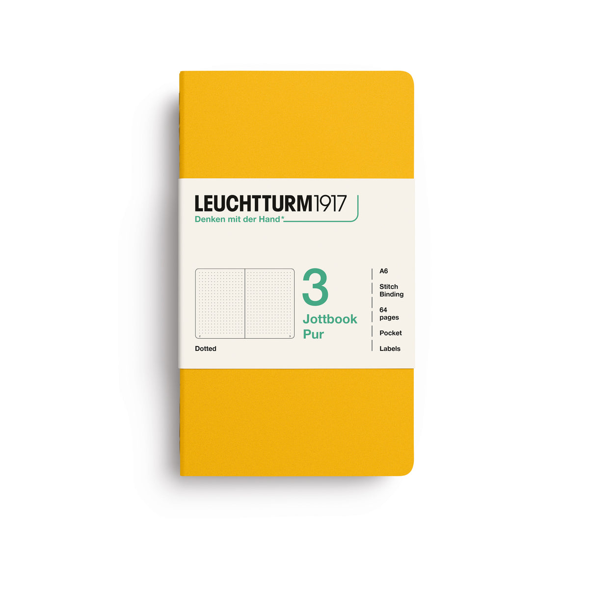 A Leuchtturm1917 3 pack of notebooks with sunflower cover and dotted pages, shown with a bellyband with product details, on a clean white background.