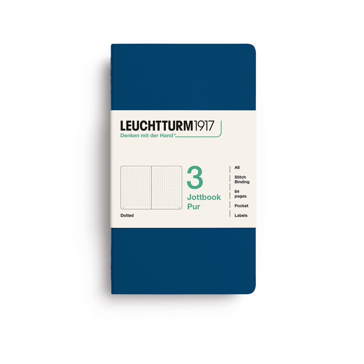 A Leuchtturm1917 3 pack of notebooks with indigo cover and dotted pages, shown with a bellyband with product details, on a clean white background.