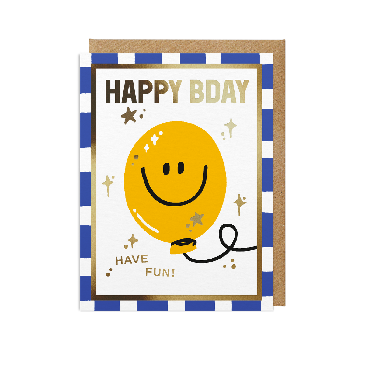A mini Happy Bday greeting card with a blue and white checkered border, featuring a yellow balloon graphic with a smiley face and the words 'HAPPY BDAY' and 'HAVE FUN!' in gold lettering, shown with a kraft envelope behind it on a white background.