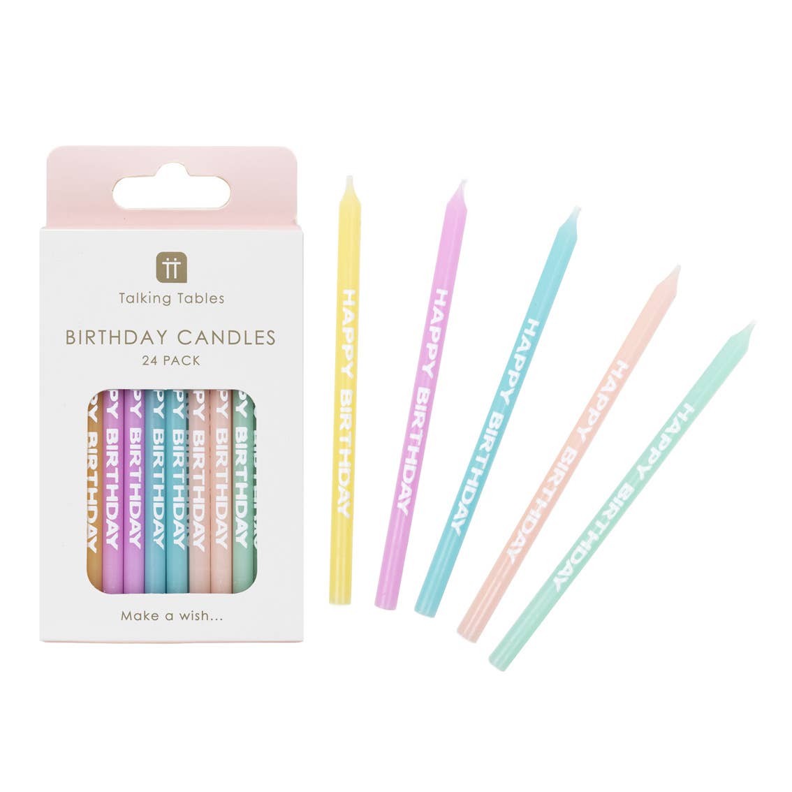 Pastel Happy Birthday Printed Candles 24pk show in and out of packaging by penny black