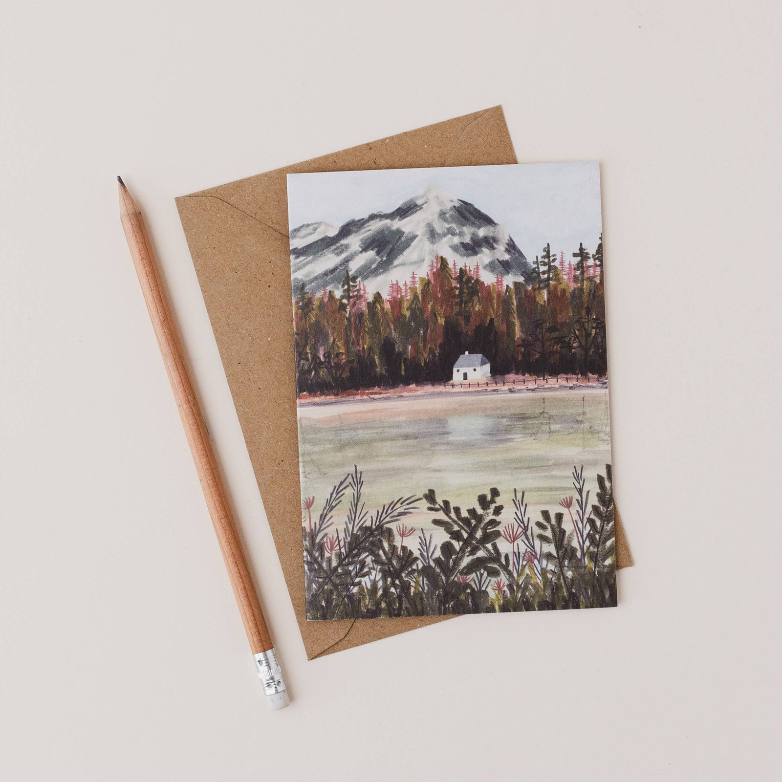 Loch Lomond Scottish Landscape Art Card shown with a pencil and envelope by penny black
