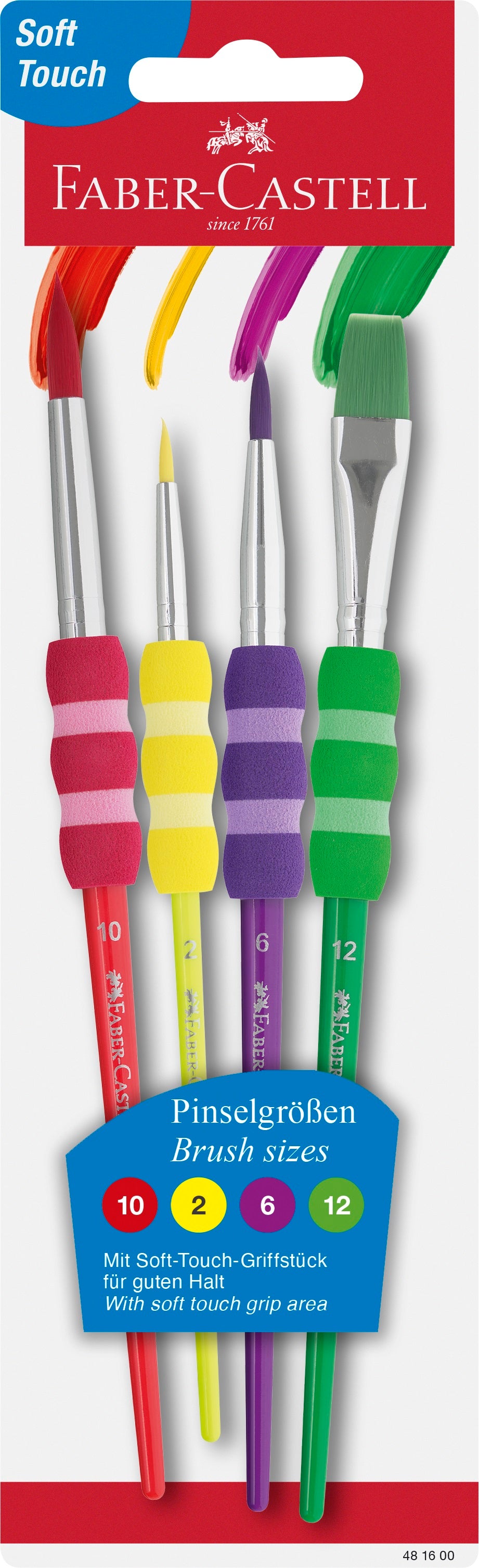 Retail packaging for a pack of 4 Faber Castell paint brushes. The packaging shows brushes are different colours and widths with a comfortable grip on each.