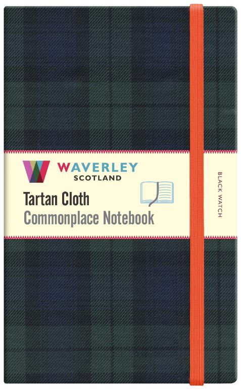 An image of a dark blue and dark green tartan notebook. It has an orange closure band and a paper belly band explaining the product. and brand.