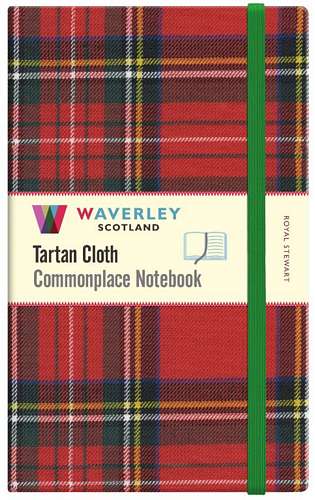 An image of a red tartan notebook. It has a lime green closure band and a paper belly band explaining the product. and brand.