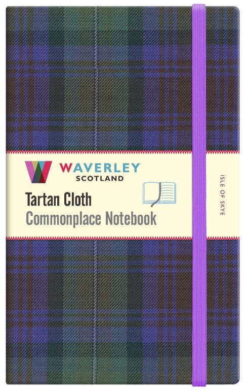 An image of a purple and dark green tartan notebook. It has a purple closure band and a paper belly band explaining the product and brand.