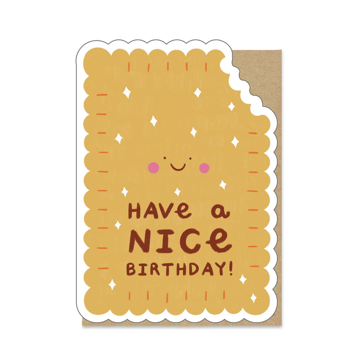 Birthday card with a smiling biscuit design and text 'Have a Nice Birthday!' on a white background and accompanied by a brown envelope.