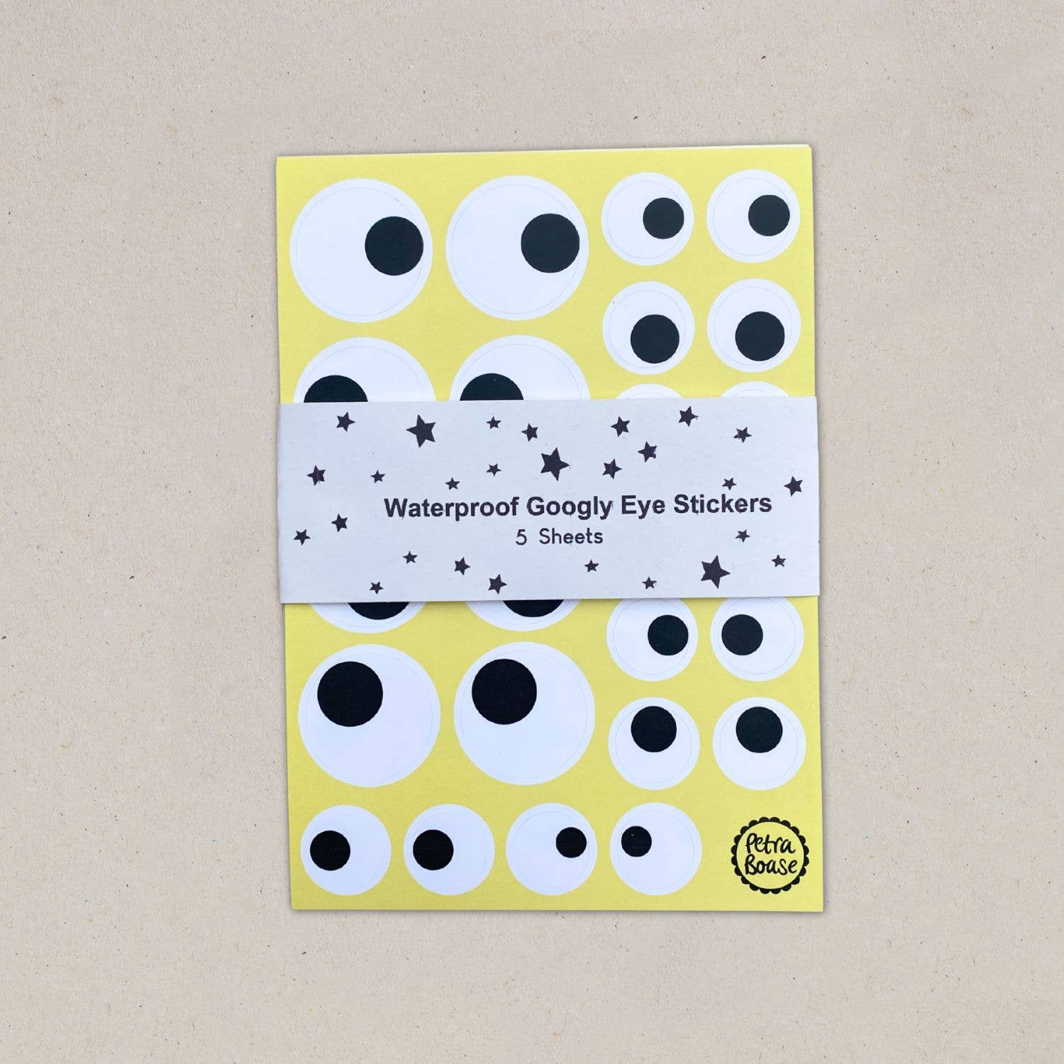 Googly Eyes Waterproof Stickers 5 Sheet Pack shown with belly band packaging by penny black