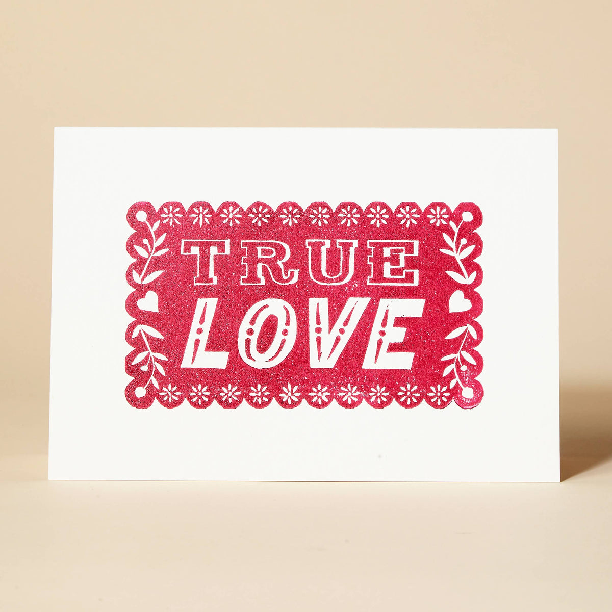 True Love Red Linocut Valentine's Day Card by pressed and folded at penny black
