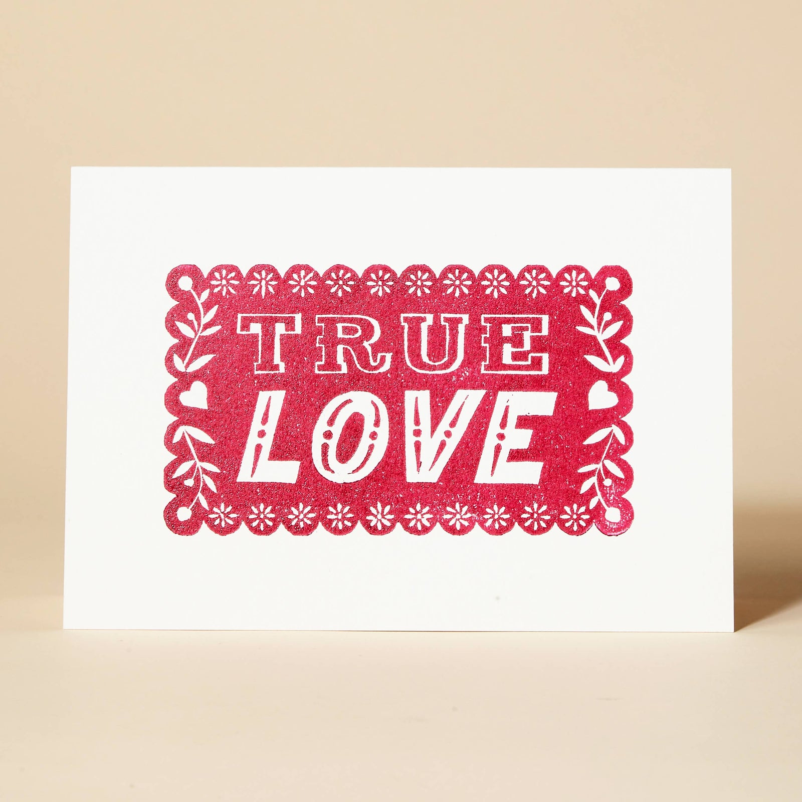 True Love Red Linocut Valentine's Day Card by pressed and folded at penny black