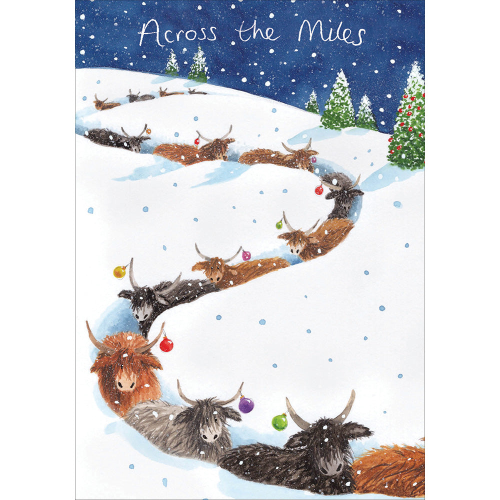 Across the Miles Highland Cow Trail Christmas Card by Penny Black