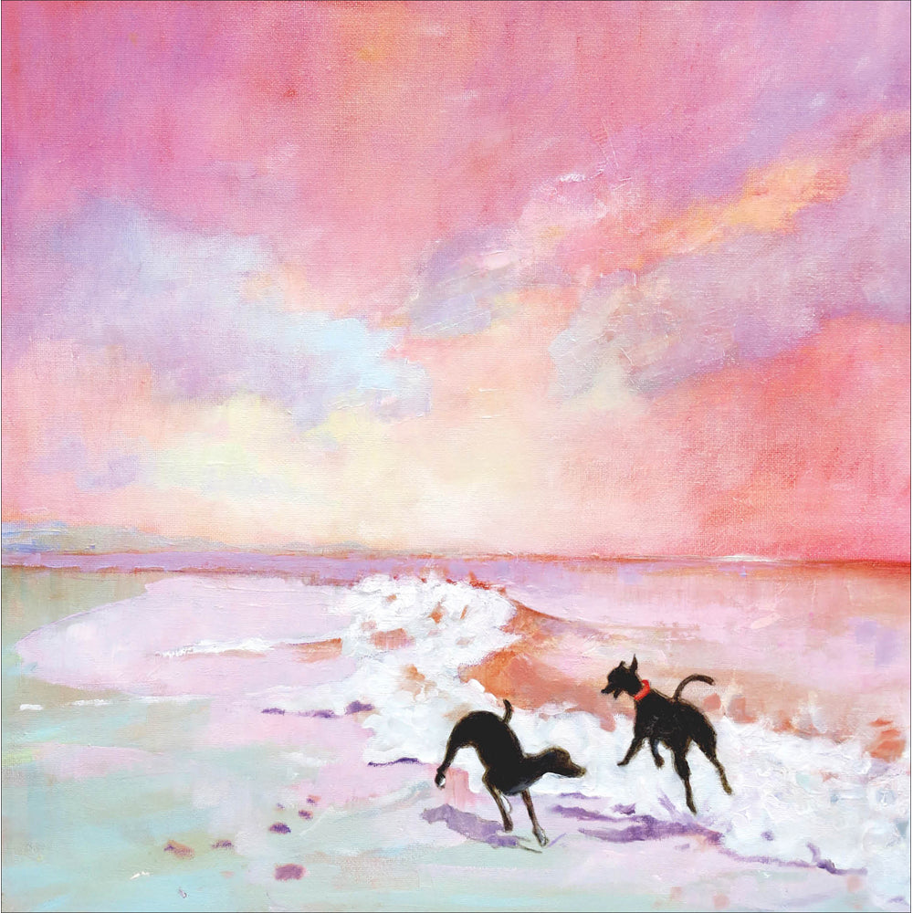 Pink Dusk Beach Dogs Art Card