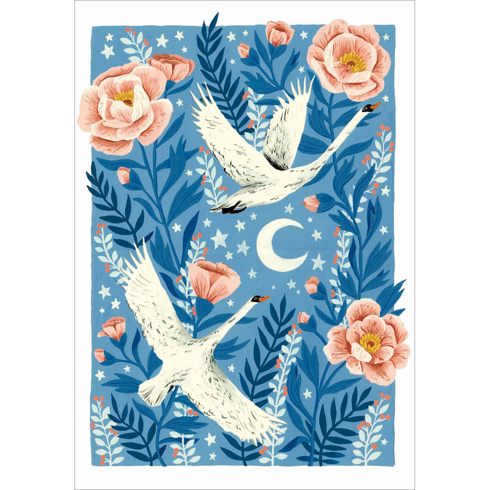 Swan Pair Nighttime Flight Art Card