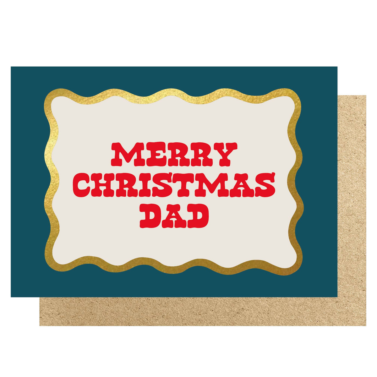 A Christmas greeting card with a dark teal background, a gold glitter scalloped border, and red text reading 'MERRY CHRISTMAS DAD' on an off-white centre panel. A kraft paper envelope is partially visible behind the card.
