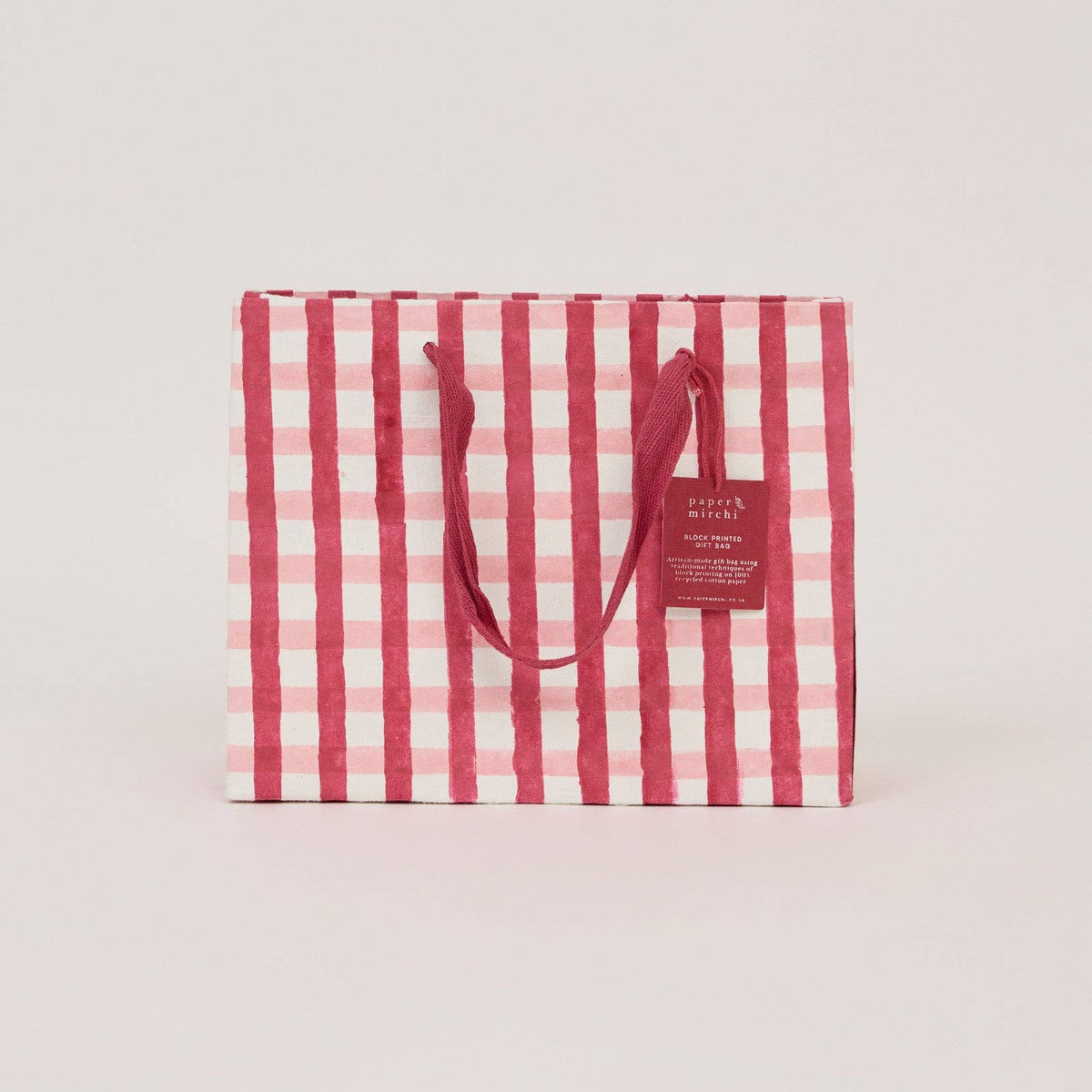 Pink and red plaid design block printed gift bag by paper mirchi and penny black