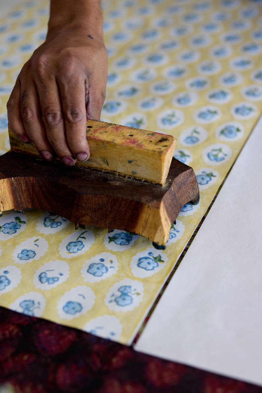 Floral Scallop Tiles Block Printed Wrapping Paper Sheet by penny black showing printing technique