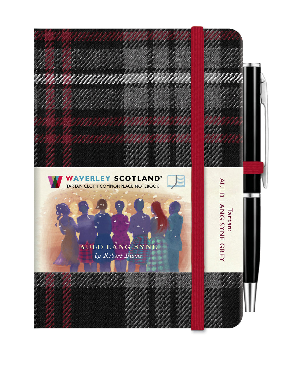 An image of a black, grey and dark red tartan notebook. It has a red closure band and a paper belly band explaining the product and brand.
