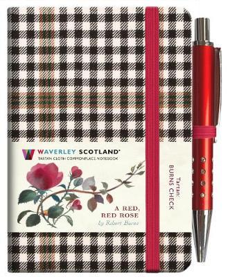 An image of a black and white tartan notebook. It has a red closure band and a paper belly band explaining the product and brand.