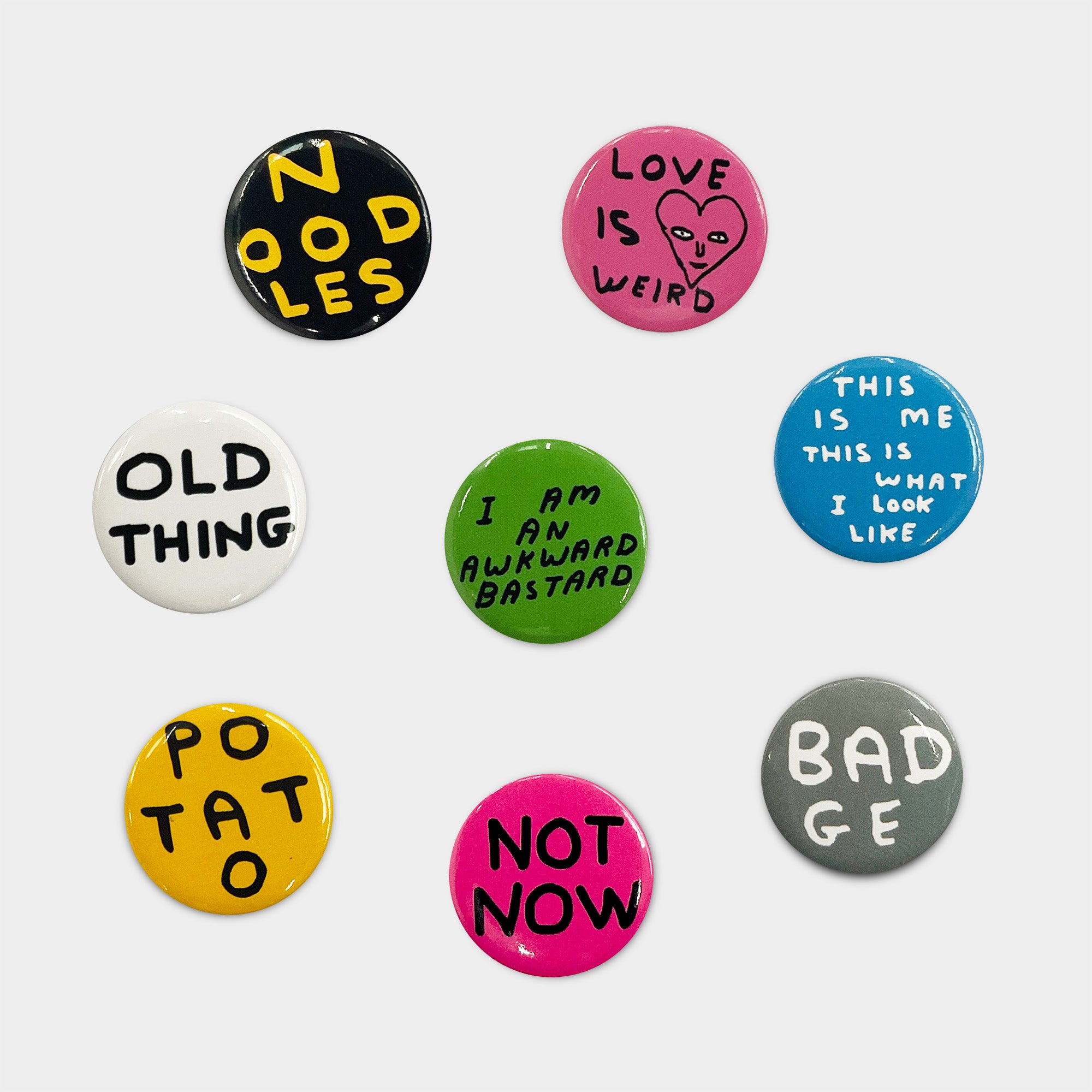 David Shrigley Pin Badge 8 Pack - Set 2 By Penny Black