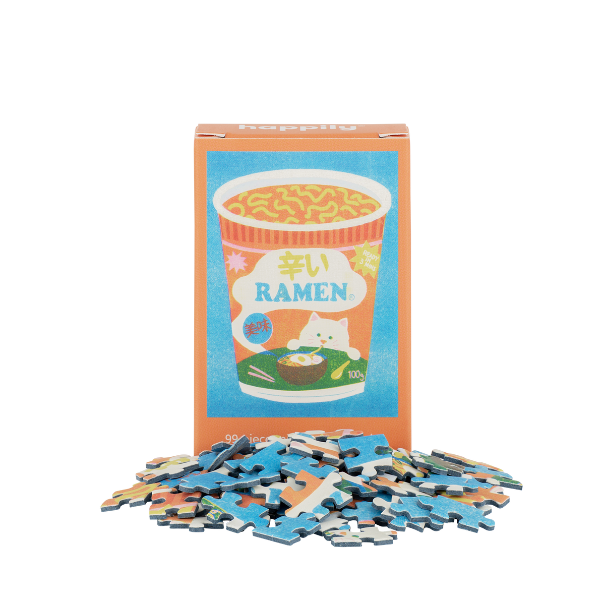 Ramen Pot - 99 Piece Mini Jigsaw Puzzle showing outside packaging and puzzle pieces by penny black