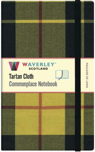 An image of a black, red and yellow tartan notebook. It has an black closure band and a paper belly band explaining the product and brand.