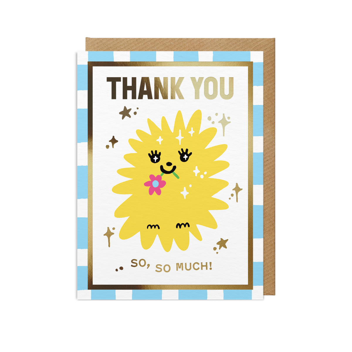 A mini thank-you card with a matching kraft envelope behind it. The card has a white background with a yellow sun illustration, a small pink flower, and the text 'THANK YOU SO, SO MUCH!' in gold and brown.