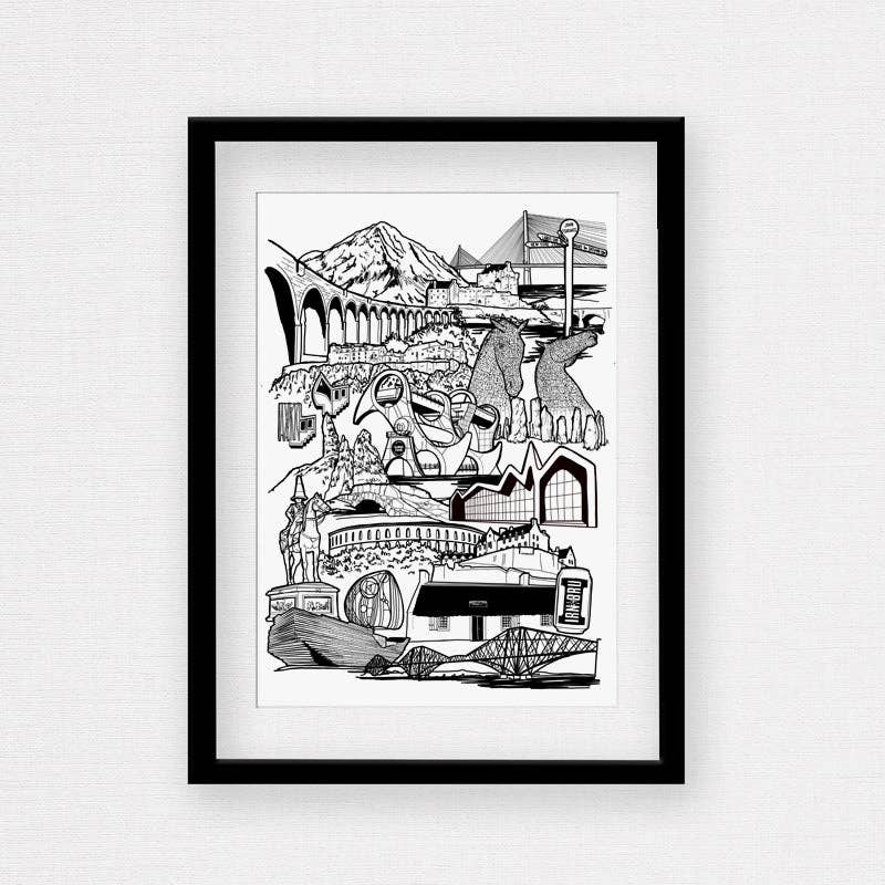 Scotland Landmark Skyline Illustration Print by law illustrates at penny black shown in a frame