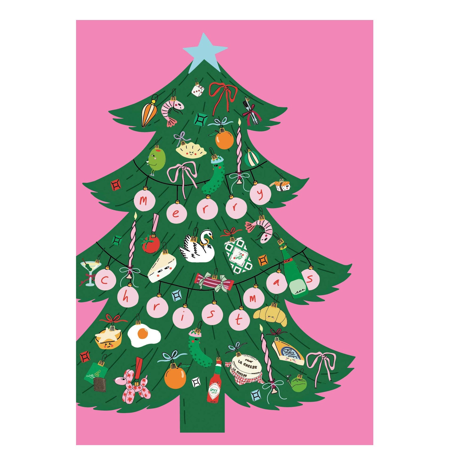 A festive Christmas tree shape greetings card shown with it's accompanying solid pink envelope, decorated with colourful holiday icons such as ornaments, candy canes, gifts, and a star.