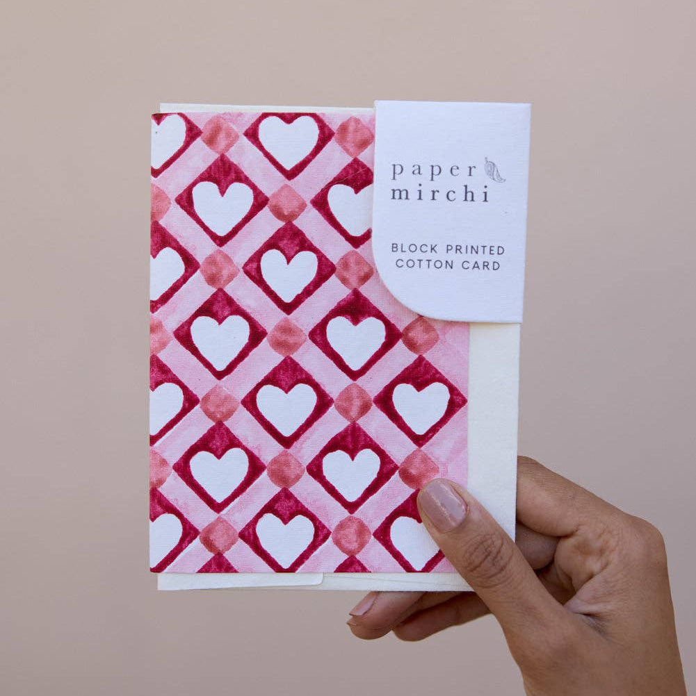 Red Heart Checks Hand Block Printed Cotton Valentine's Day Card by penny black