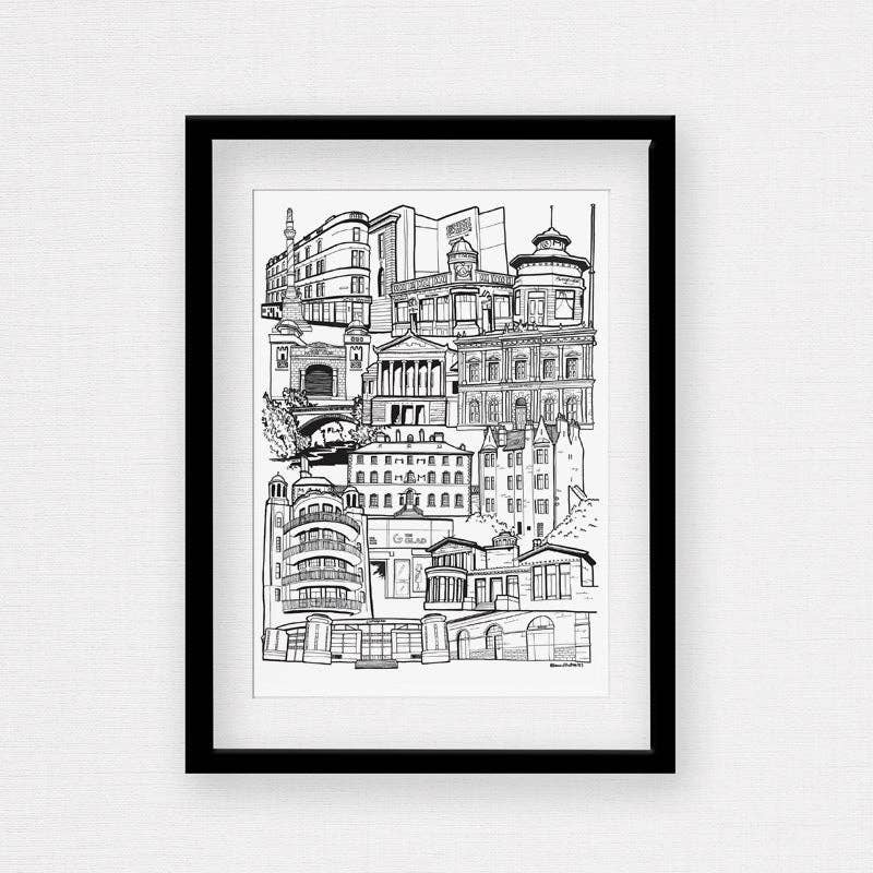 Glasgow Southside Landmark Skyline Illustration Print by law illustrates at penny black shown in a frame