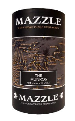 An image of a boxed 1000 piece jigsaw puzzle of the munro mountains in Scotland by Mazzle. The box is a black cylinder with the name Mazzle on the top and bottom plus a preview of the dark coloured puzzle in the centre band of the packaging. It shows the Munros named in yellow.