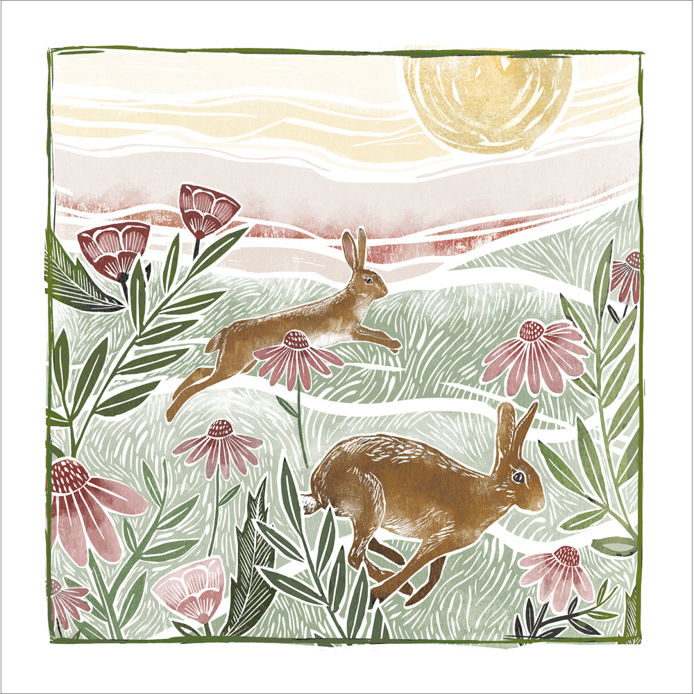 Dawn Meadow Hares Art Card by penny black