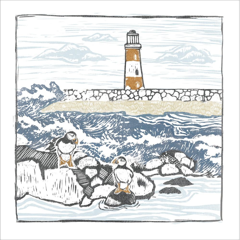 Puffins by the Lighthouse Art Card by penny black